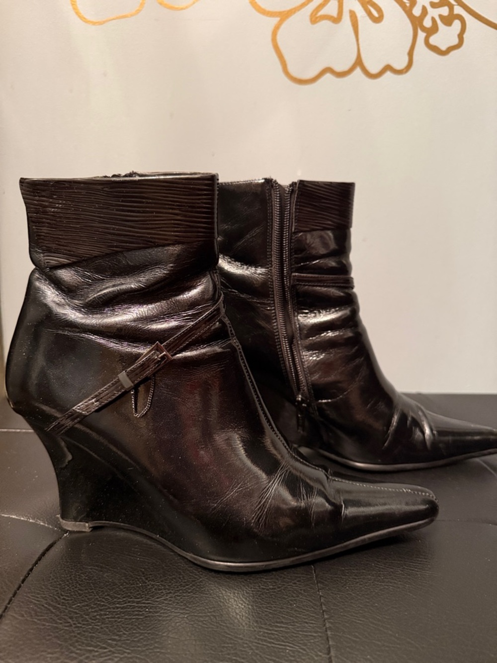 Women's Black Wedge Ankle Booties with Side Zip